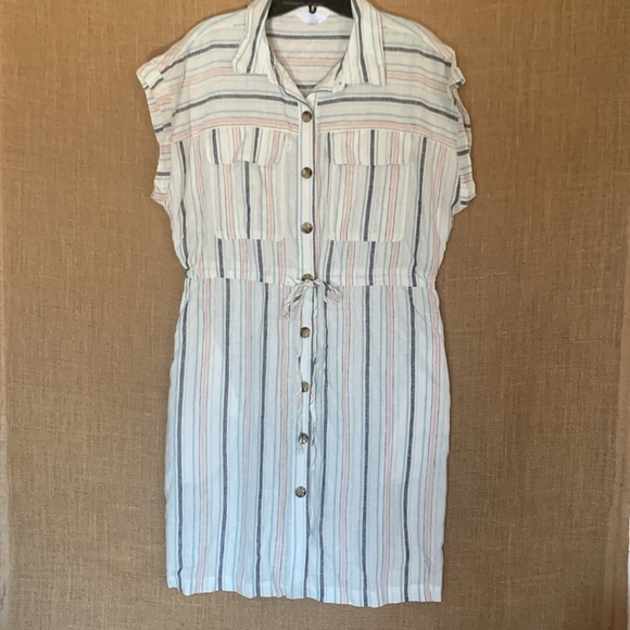 Time & Tru Midi Dress Multicolor Striped Short Sleeve Button Tie Belt - Picture 1 of 5